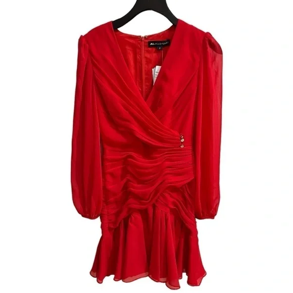 Jill Stuart Shirred Blouson Sleeve Faux Wrap Formal Cocktail Dress -Red - Size 2 - Picture 3 of 11